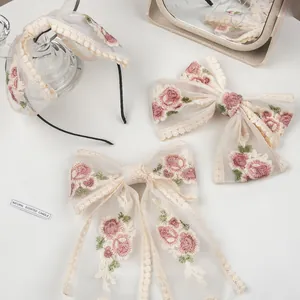 Floral embroidered mesh bow hair clips and lace headband set for women hair styling