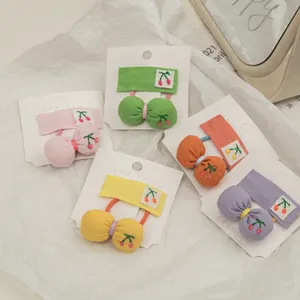 Set of 5 cherry embroidered bow hair clips for girls in assorted pastel colors on cards