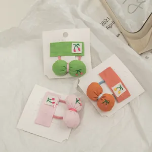 Sweet cherry embroidery fabric hair clips and bow ties set in green, orange, and pink colors