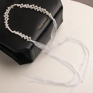 Elegant Artificial Pearl Woven Hairband With White Organza Ribbon For Women Wedding Party Fairy Style Dual Use Choker Headpiece