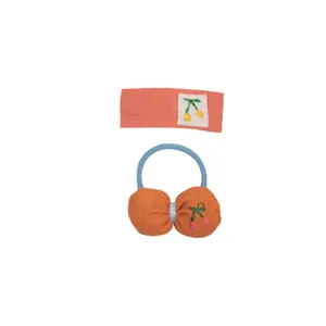 Sweet fabric hair clip and hair tie set with cherry embroidery and orange bow for girls