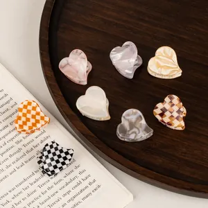 Acetate Heart Hair Claw Clip Mini Retro Checkerboard Marble Pattern Clamp For Women Girls Elegant Daily Styling Accessory