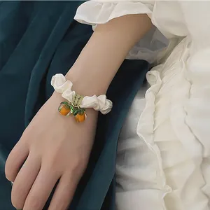 Sweet Satin Scrunchies With Fruit Pendant Persimmon Strawberry Orange Pineapple Pleated Elastic Hair Bands For Women Girls