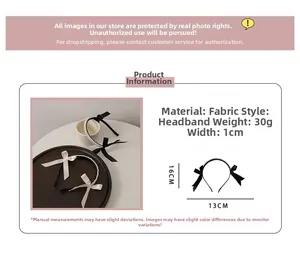 Size chart showing double-row pearl headband dimensions and elegant fabric bow details