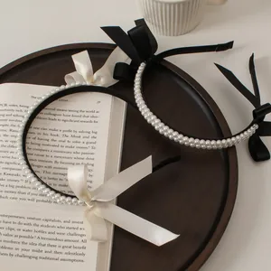 French Vintage Artificial Pearl Bow Headband For Women Elegant Satin Ribbon Hair Band Retro Party Wedding Lady Hair Accessories
