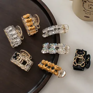 Korean Sweet Champagne Bear Hair Claw Clips Resin Cartoon Animal Hair Pins Gold Black Accessories For Women Girls Daily Use