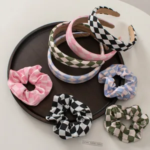Checkerboard Wide Sponge Headband Fabric Checker Scrunchie Retro Grid Hair Bands And Hair Ties For Women Fashion Hair Accessories
