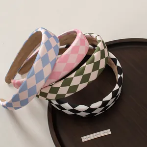 Retro colorful checkerboard padded sponge headbands set for women in various colors