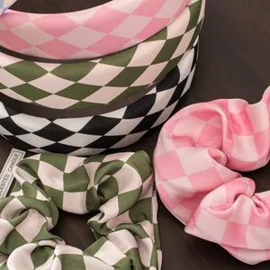 Checkerboard pattern sponge headband and scrunchie set in pink, green and black