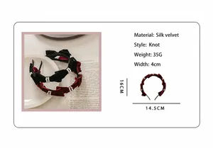 Detail specifications of luxury velvet bow headband with sizes and material details