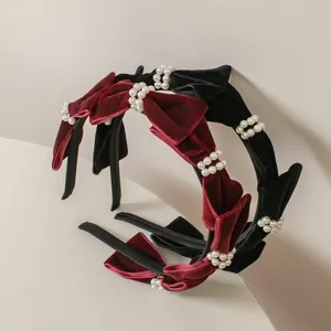 Diadema de Terciopelo Con Lazo y Perlas de Imitación Estilo Vintage Francés Elegante Diadema Retro para Mujer Accesorios de Pelo