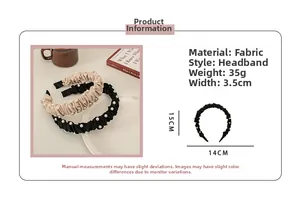 Detail showing dimensions of pleated pearl headbands in beige and black fabric textures