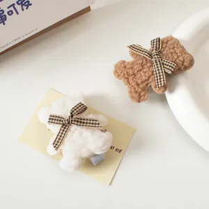 Simpatica Molletta per Capelli a Forma di Orsetto di Peluche con Fiocco Motivo a Quadretti Autunno Inverno per Donna