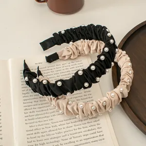 French Elegant Artificial Pearl Pleated Headband For Women Vintage Black Creamy White Fabric Hair Band Retro Fashion Hair Accessories