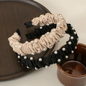 Elegant pleated pearl headbands in black and beige silk texture with French style accents