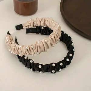 Elegant French pleated headbands in black and beige with pearls for women's hair accessory