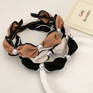 French Vintage Elegant Artificial Pearl Ruffle Cloth Headband For Women Retro Wide Side Hair Hoop Chic Hair Accessories Headpiece