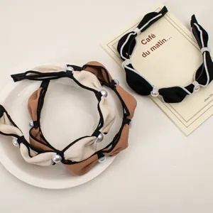 French vintage style wide headband with pleated ruffles and pearls in black and brown