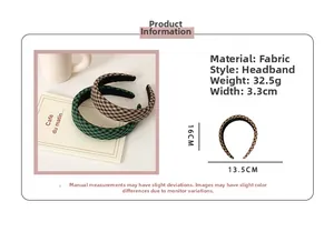 Detail specifications of thick sponge plaid headbands in green and brown fabric styles