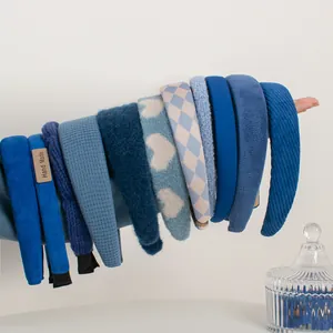 Women's Korean INS Blue Headband Collection Wide Plush Sponge Hairbands Solid Color Plaid Wrinkle Hair Accessories For Daily Dating
