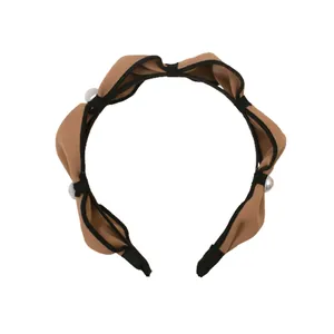 Coffee brown pleated wide headband for women featuring white pearl beads and black trim