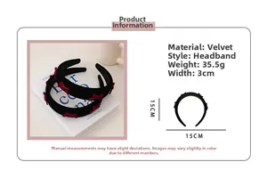 Detail showing dimensions of black velvet headband with red bow 15cm size