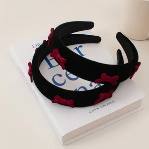 Vintage French Velvet Wide Headband With Wine Red Flocking Bows Elegant Black Hair Band For Women Girls Hair Accessories