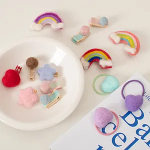 Süße Wollfilz-Haarspangen Set mit Regenbogen Stern und Herz in Macaron-Farben