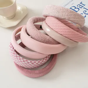 Lot de serre-têtes roses rembourrés en tweed, satin et dentelle pour un style coréen doux
