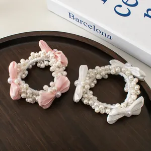 Chouchou Nœud en Künstliche Perles d'Imitation Fait Main Élégant Ruban de Satin pour Femmes Filles Bandeau Élastique Décoratif