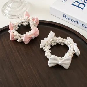 Élastiques à cheveux perles faits main avec nœuds en satin rose et blanc pour coiffures