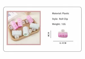 Detail view of 6.5x6cm plastic hair roller clips with dimensions and material specs