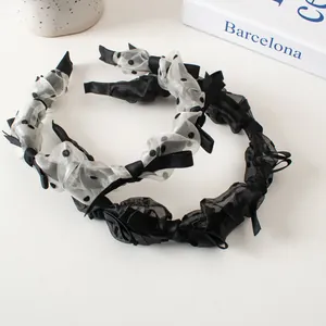 Elegant Mesh Polka Dot Ruffle Headband With Satin Bow Vintage French Style Pleated Hair Hoop For Women Hair Accessories