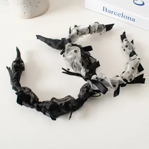 Chic pleated tulle headbands with polka dots in black and white styles for women