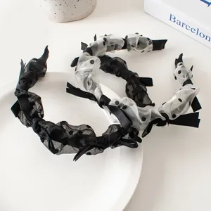 Mesh polka dot bow headband set in elegant black and white pleated ruffle design
