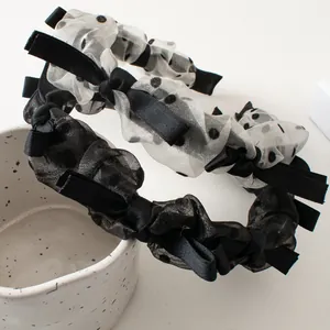 Mesh polka dot and black bow knot headbands with ruched design and retro puffy style