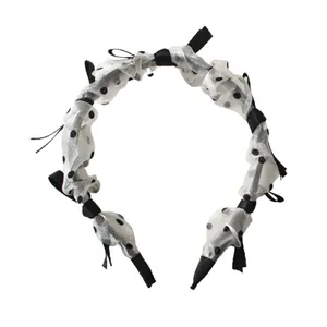 Elegant white mesh headband with black polka dots and pleated ruffles for women