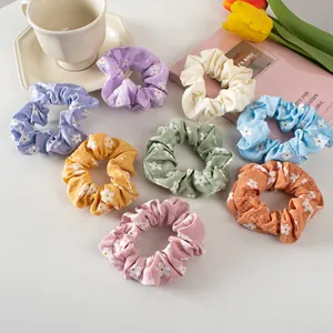 Women Sweet Daisy Floral Printed Fabric Scrunchies Pleated Elastic Hair Ties Korean Style Handmade Hair Rings Accessories