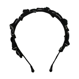 French vintage style black headband with multiple bows and delicate white piping