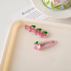 Set de pinzas para el cabello de melocotón rosa y clips frutales en bandeja decorativa