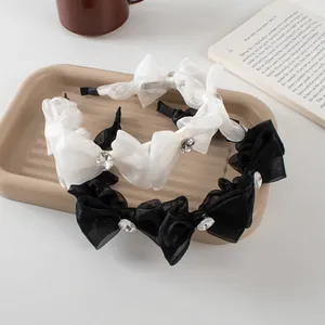 Elegant mesh bow headband with square rhinestones in black and white set of two