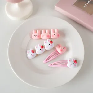 Détails de jolies barrettes lapin rose et accessoires en résine fraise sur assiette blanche