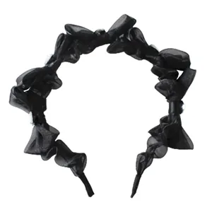Elegant black pleated tulle headband with white pearls and ruffles for women