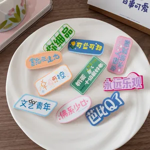 Barrettes à cheveux mignonnes en acrylique coloré avec texte sur une assiette blanche