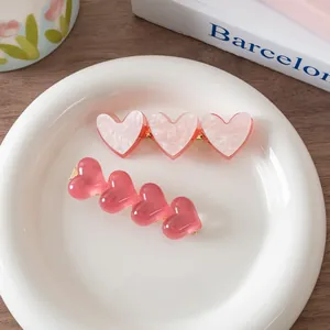 Sweet Pink Heart Hair Clips Acetate Resin Marble Jelly Texture Duckbill Clip For Women Girls Daily Hair Accessories