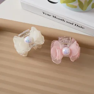 Mini Mesh Bow Hair Claw Clip With Artificial Pearl Elegant Sweet Hair Accessories For Women Girls Daily Dating Headwear