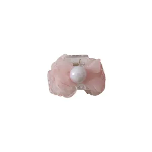 Elegant pink mesh flower hair claw clip with a pearlescent bead for girls and women