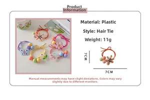 Detail view of five sweet candy-colored floral hair ties with cute cartoon resin charms