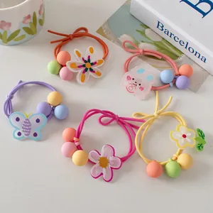 5-piece set of sweet candy-colored flower hair ties with cute cartoon acrylic charms