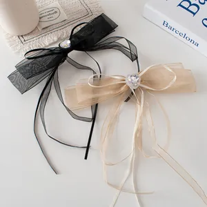 Grande Barrette à Cheveux Nœud en Organza Avec Strass Cœur Long Ruban Élégant Clip à Ressort Accessoire Cheveux Femme